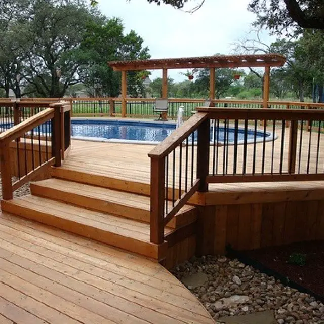 Pool deck plans, Oval above ground pools, Wooden pool deck
