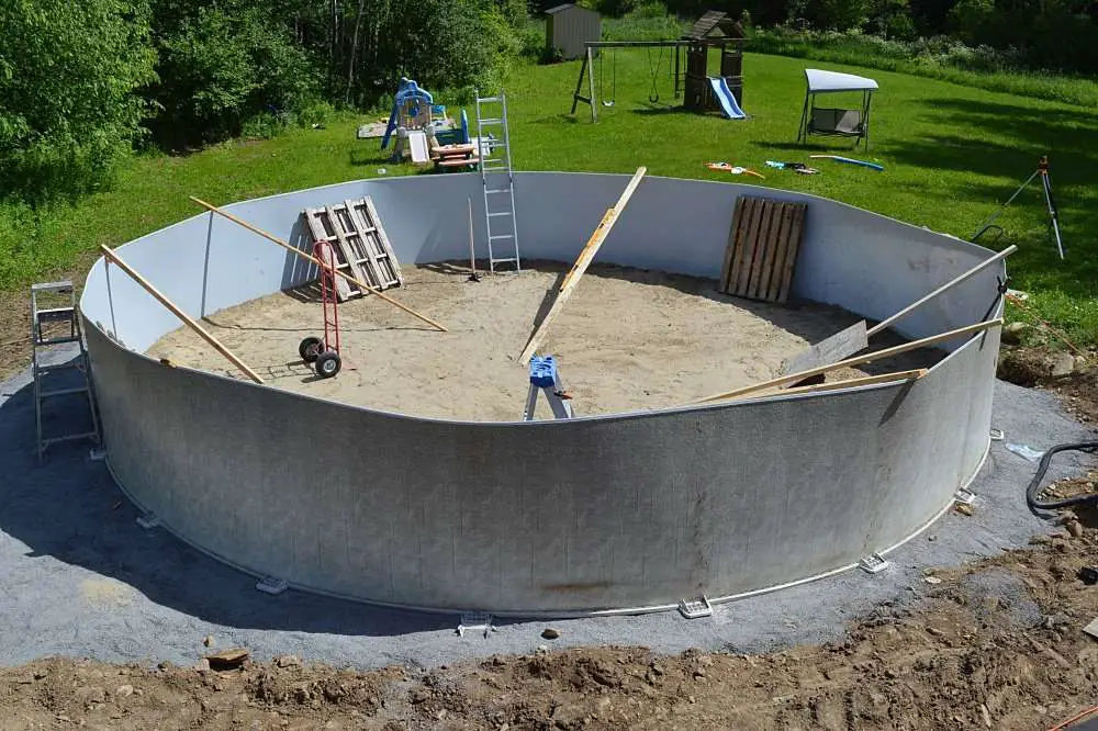 Putting up the walls of an above ground pool â¢ The ...